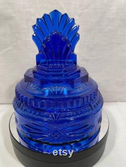 Rare Vintage L E Smith Glass Pleated Fan Cobalt Art Deco 5 1 4 Powder Jar 1930s