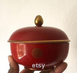 Red and Gold Asian-Inspired Porcelain Jar with Lid, Vintage Estee Lauder Cinnabar Dusting Powder Jar, Retro Vanity Decor, Vintage Makeup Jar