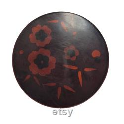 Red floral lacquer box round Vintage Asian powder lid 5 vanity makeup Glamour