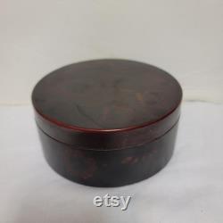 Red floral lacquer box round Vintage Asian powder lid 5 vanity makeup Glamour