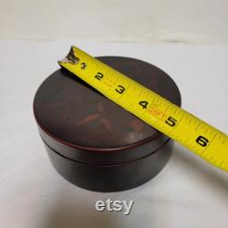 Red floral lacquer box round Vintage Asian powder lid 5 vanity makeup Glamour