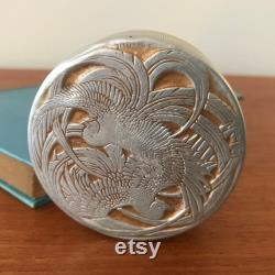 Rene Lalique Rare Deco Stamped Aluminum and Gold Lacquer Powder Box Tin, Made For Roger And Gallet Paris, Embossed Birds Of Paradise On Lid