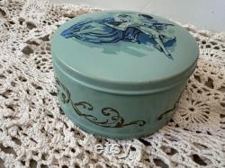 Reuge Sainte-Croix Blue Metal Musical Powder Box Made in Switzerland Painted Victorian Scene on Lid Music Box Not Working Properly