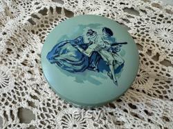 Reuge Sainte-Croix Blue Metal Musical Powder Box Made in Switzerland Painted Victorian Scene on Lid Music Box Not Working Properly