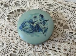 Reuge Sainte-Croix Blue Metal Musical Powder Box Made in Switzerland Painted Victorian Scene on Lid Music Box Not Working Properly