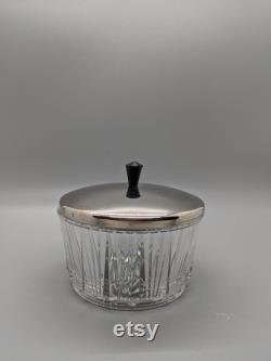 Ribbed Glass Powder Jar Vanity Trinket Jewelry Dish Chrome Lid