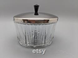 Ribbed Glass Powder Jar Vanity Trinket Jewelry Dish Chrome Lid