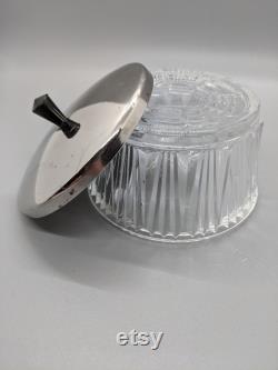 Ribbed Glass Powder Jar Vanity Trinket Jewelry Dish Chrome Lid