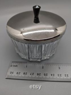 Ribbed Glass Powder Jar Vanity Trinket Jewelry Dish Chrome Lid
