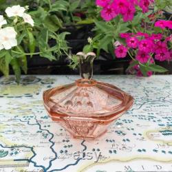 Rosa Pink Glass Powder Jar, Czech Art Deco, Hermanova 1950's Pressed Glass Lidded Trinket Pot, 4.5 x 4.5 , Immaculate, Ideal Gift