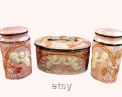 Rose Pink and Cherubs Ceramic Vanity Set Vintage Oval Powder Box And Large Shakers Hand Painted Made In Japan