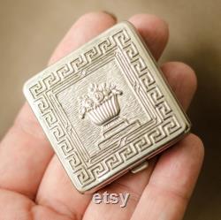 Russian antique powder compact FLOWER BASKET, Soviet vintage pocket mirror