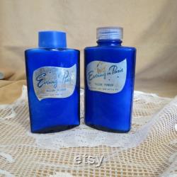 SALE Pair Vintage Evening In Paris Talcum Powder Bottles Talc Bottles With Contents Boujois Made In USA Cobalt Blue Glass Bottles