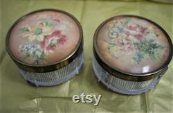SET of 2 Vintage Lidded Floral and Glass Trinket Vanity Powder Jars Shabby Chic
