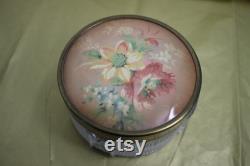 SET of 2 Vintage Lidded Floral and Glass Trinket Vanity Powder Jars Shabby Chic