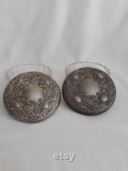 SET of TWO Clear Crystal and Silverplate Powder Jars