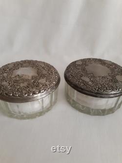 SET of TWO Clear Crystal and Silverplate Powder Jars