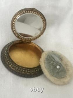 SUPERB ANTIQUE BRONZE, ENAMEL AND SHELL CAMEO POWDER BOX with MIRROR &SWAN