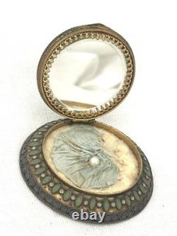 SUPERB ANTIQUE BRONZE, ENAMEL AND SHELL CAMEO POWDER BOX with MIRROR &SWAN