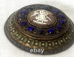 SUPERB ANTIQUE BRONZE, ENAMEL AND SHELL CAMEO POWDER BOX with MIRROR &SWAN
