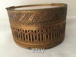 Sale Antique Goldtone FILLIGREE POWDER TRINKET Box Removable Glass Insert With Glass Over Floral Pattern Lid