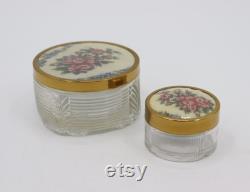 Set of 2 Vintage Glass Vanity Makeup Jars, Powder Container 1950s Petit Point Embroidered Design