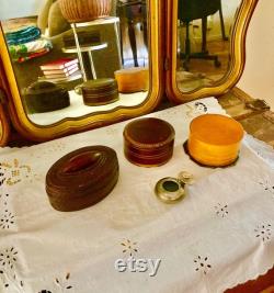 Set of 4 Vintage Vanity Accessories Leather Boxes, Celluloid Powder Box and Silver-Plated Ashtray