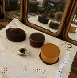 Set of 4 Vintage Vanity Accessories Leather Boxes, Celluloid Powder Box and Silver-Plated Ashtray
