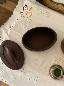 Set of 4 Vintage Vanity Accessories Leather Boxes, Celluloid Powder Box and Silver-Plated Ashtray