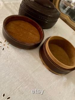 Set of 4 Vintage Vanity Accessories Leather Boxes, Celluloid Powder Box and Silver-Plated Ashtray