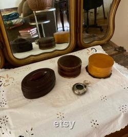 Set of 4 Vintage Vanity Accessories Leather Boxes, Celluloid Powder Box and Silver-Plated Ashtray