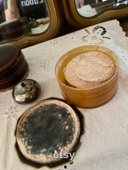 Set of 4 Vintage Vanity Accessories Leather Boxes, Celluloid Powder Box and Silver-Plated Ashtray