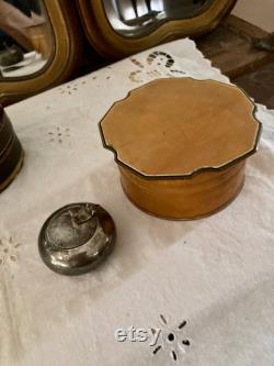 Set of 4 Vintage Vanity Accessories Leather Boxes, Celluloid Powder Box and Silver-Plated Ashtray