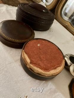 Set of 4 Vintage Vanity Accessories Leather Boxes, Celluloid Powder Box and Silver-Plated Ashtray
