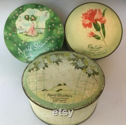Set of Three Vintage Cheramy April Showers Dusting Powder Empty Tin Powder Boxes Tins Oeillet Carnation