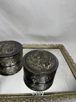 Set of Two Antique Victorian Metal Powder Jar Vanity Dresser Box PNCW USA