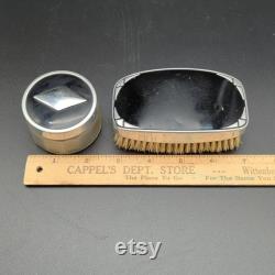 Set of two vintage vanity pieces frosted glass jar and brush