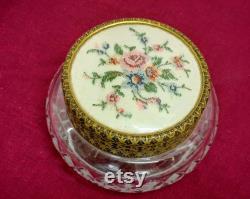 Silk Petit Point Cut Press Glass Powder Jar Vanity Trinket Box Regent of London J331