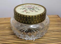 Silk Petit Point Cut Press Glass Powder Jar Vanity Trinket Box Regent of London J331