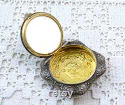 Small Antique French Silver Plated Metal Pendant Powder Compact Box with Mirror and Gold Plated interior, Vintage Necklace Make Up Item