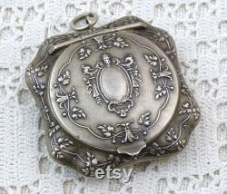 Small Antique French Silver Plated Metal Pendant Powder Compact Box with Mirror and Gold Plated interior, Vintage Necklace Make Up Item