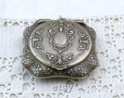 Small Antique French Silver Plated Metal Pendant Powder Compact Box with Mirror and Gold Plated interior, Vintage Necklace Make Up Item
