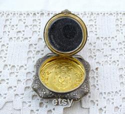 Small Antique French Silver Plated Metal Pendant Powder Compact Box with Mirror and Gold Plated interior, Vintage Necklace Make Up Item