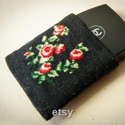 Small Cross Stitch Plant Embroidery Canvas Pouch, Rose Embroidery Mini Wallet