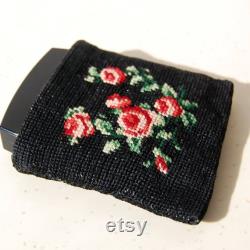 Small Cross Stitch Plant Embroidery Canvas Pouch, Rose Embroidery Mini Wallet