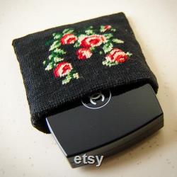 Small Cross Stitch Plant Embroidery Canvas Pouch, Rose Embroidery Mini Wallet