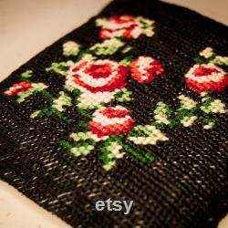 Small Cross Stitch Plant Embroidery Canvas Pouch, Rose Embroidery Mini Wallet