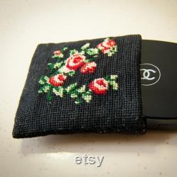 Small Cross Stitch Plant Embroidery Canvas Pouch, Rose Embroidery Mini Wallet