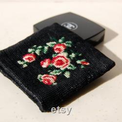 Small Cross Stitch Plant Embroidery Canvas Pouch, Rose Embroidery Mini Wallet