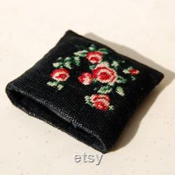 Small Cross Stitch Plant Embroidery Canvas Pouch, Rose Embroidery Mini Wallet